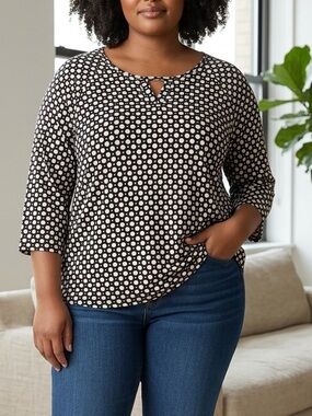 OLSEN (XL) Viscose Polka Dot 3/4 Sleeve Top Keyhole Neckline Soft Stretch  XL/16
